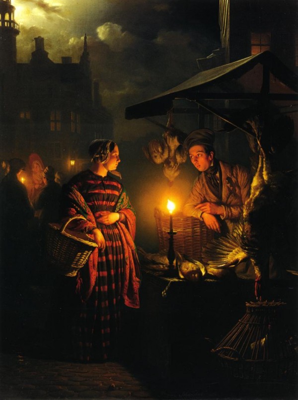 Figures at the chicken shop from the market by Petrus van Schendel